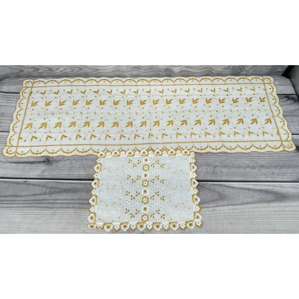 SET OF 2 VINTAGE EMBROIDERED EYELET TABLE / DRESSER SCARF - YELLOW GOLD ‎   *15